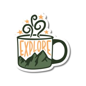 Explore Camping Mug sticker. These stickers are made with printable vinyl with a vinyl top coat that is scratch-resistant and water resistant.