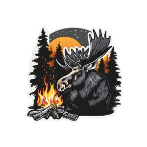 Moose Campfire sticker. These stickers are made with printable vinyl with a vinyl top coat that is scratch-resistant and water resistant.