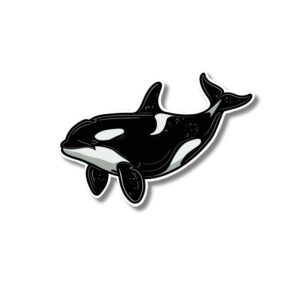 Orca sticker. These stickers are made with printable vinyl with a vinyl top coat that is scratch-resistant and water resistant.