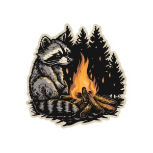 Raccoon Campfire sticker. These stickers are made with printable vinyl with a vinyl top coat that is scratch-resistant and water resistant.