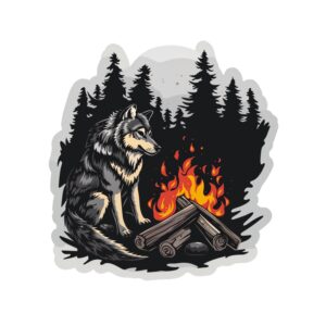 Wolf Campfire sticker. These stickers are made with printable vinyl with a vinyl top coat that is scratch-resistant and water resistant.