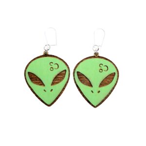 Alien Head Wood Earrings. These earrings are made with 1/8″ thickness basswood. These earrings are lightweight and hand painted. They are not sealed to keep a rustic look and feel.