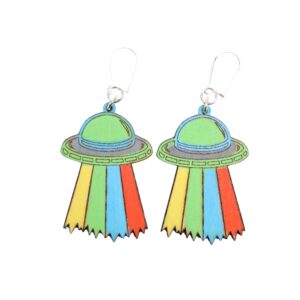 Alien Ship Wood Earrings. These earrings are made with 1/8″ thickness basswood. These earrings are lightweight and hand painted. They are not sealed to keep a rustic look and feel.