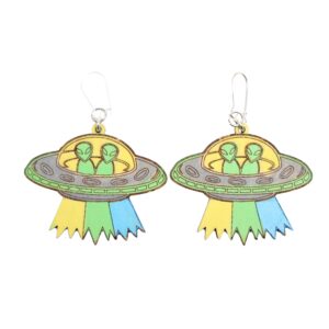 Aliens In Ship Wood Earrings. These earrings are made with 1/8″ thickness basswood. These earrings are lightweight and hand painted. They are not sealed to keep a rustic look and feel.