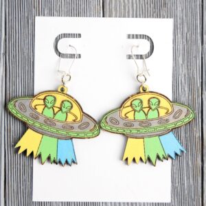 Aliens In Ship Wood Earrings. These earrings are made with 1/8″ thickness basswood. These earrings are lightweight and hand painted.