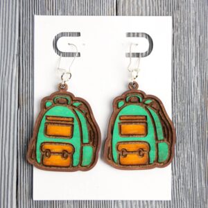 Backpack Green Wood Earrings. These earrings are made with 1/8″ thickness basswood. These earrings are lightweight and hand painted.