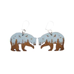 Bear Gray Forest Wood Earrings. These earrings are made with 1/8″ thickness basswood. These earrings are lightweight and hand painted. They are not sealed to keep a rustic look and feel.