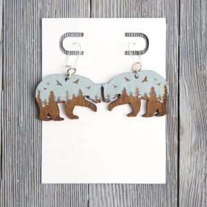 Bear Gray Forest Wood Earrings. These earrings are made with 1/8″ thickness basswood. These earrings are lightweight and hand painted.