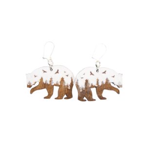 Bear White Forest Wood Earrings. These earrings are made with 1/8″ thickness basswood. These earrings are lightweight and hand painted. They are not sealed to keep a rustic look and feel.