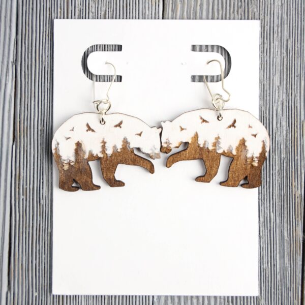 Bear White Forest Wood Earrings. These earrings are made with 1/8″ thickness basswood. These earrings are lightweight and hand painted.