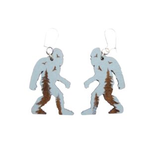 Bigfoot Gray Forest Wood Earrings. These earrings are made with 1/8″ thickness basswood. These earrings are lightweight and hand painted. They are not sealed to keep a rustic look and feel.