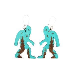 Bigfoot Turquoise Forest Wood Earrings. These earrings are made with 1/8″ thickness basswood. These earrings are lightweight and hand painted. They are not sealed to keep a rustic look and feel.