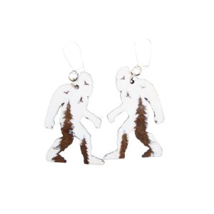 Bigfoot White Forest Wood Earrings. These earrings are made with 1/8″ thickness basswood. These earrings are lightweight and hand painted. They are not sealed to keep a rustic look and feel.