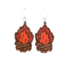 Campfire Wood Earrings. These earrings are made with 1/8″ thickness basswood. These earrings are lightweight and hand painted. They are not sealed to keep a rustic look and feel.