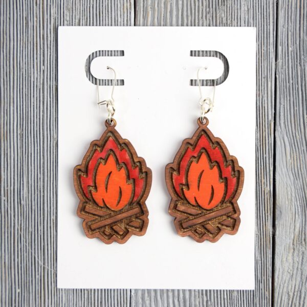 Campfire Wood Earrings. These earrings are made with 1/8″ thickness basswood. These earrings are lightweight and hand painted.