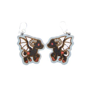 Jersey Devil Wood Earrings. These earrings are made with 1/8″ thickness basswood. These earrings are lightweight and hand painted. They are not sealed to keep a rustic look and feel.