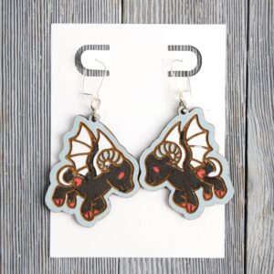 Jersey Devil Wood Earrings. These earrings are made with 1/8″ thickness basswood. These earrings are lightweight and hand painted.