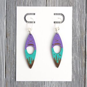 Kayak Blue Turquoise Wood Earrings. These earrings are made with 1/8″ thickness basswood. These earrings are lightweight and hand painted.