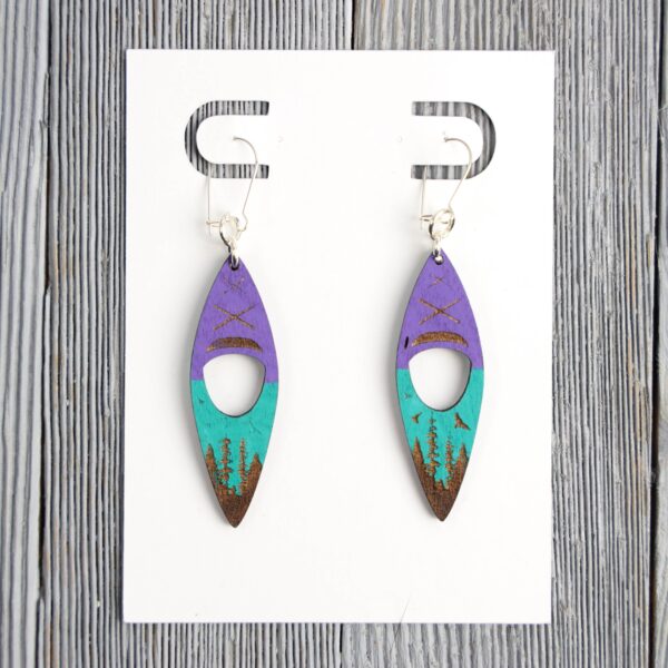 Kayak Blue Turquoise Wood Earrings. These earrings are made with 1/8″ thickness basswood. These earrings are lightweight and hand painted.