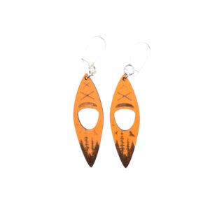 Kayak Orange Wood Earrings. These earrings are made with 1/8″ thickness basswood. These earrings are lightweight and hand painted. They are not sealed to keep a rustic look and feel.