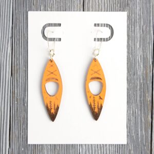 Kayak Orange Wood Earrings. These earrings are made with 1/8″ thickness basswood. These earrings are lightweight and hand painted.