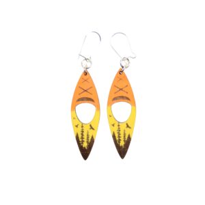 Kayak Orange Yellow Wood Earrings. These earrings are made with 1/8″ thickness basswood. These earrings are lightweight and hand painted. They are not sealed to keep a rustic look and feel.