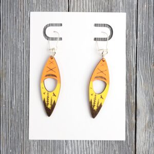 Kayak Orange Yellow Wood Earrings. These earrings are made with 1/8″ thickness basswood. These earrings are lightweight and hand painted.