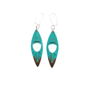 Kayak Turquoise Wood Earrings. These earrings are made with 1/8″ thickness basswood. These earrings are lightweight and hand painted. They are not sealed to keep a rustic look and feel.