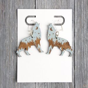 Forest Gray Wolf Wood Earrings. These earrings are made with 1/8″ thickness basswood. These earrings are lightweight and hand painted. They are not sealed to keep a rustic look and feel.