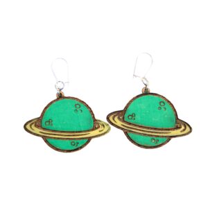 Planet Green Wood Earrings. These earrings are made with 1/8″ thickness basswood. These earrings are lightweight and hand painted. They are not sealed to keep a rustic look and feel.