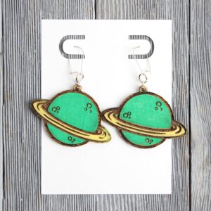 Planet Green Wood Earrings. These earrings are made with 1/8″ thickness basswood. These earrings are lightweight and hand painted.