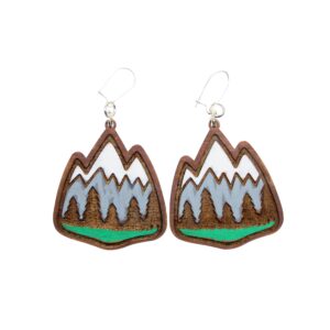 Snowy Mountains Wood Earrings. These earrings are made with 1/8″ thickness basswood. These earrings are lightweight and hand painted. They are not sealed to keep a rustic look and feel.