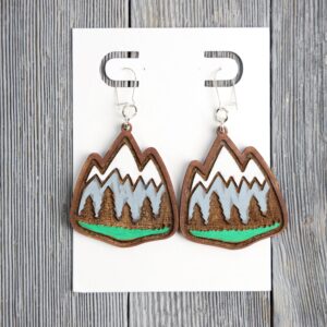 Snowy Mountains Wood Earrings. These earrings are made with 1/8″ thickness basswood. These earrings are lightweight and hand painted.