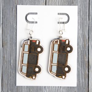 VW Bus Black Wood Earrings. These earrings are made with 1/8″ thickness basswood. These earrings are lightweight and hand painted.