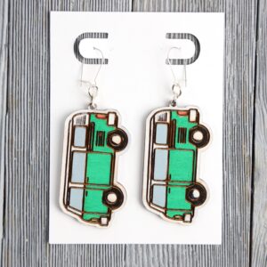 VW Bus Green Wood Earrings. These earrings are made with 1/8″ thickness basswood. These earrings are lightweight and hand painted.