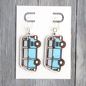 VW Bus Light Blue Wood Earrings. These earrings are made with 1/8″ thickness basswood. These earrings are lightweight and hand painted.