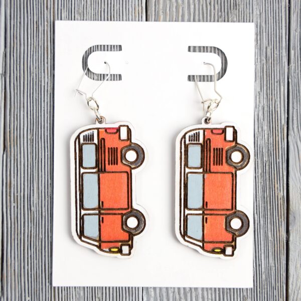 VW Bus Orange Wood Earrings. These earrings are made with 1/8″ thickness basswood. These earrings are lightweight and hand painted.