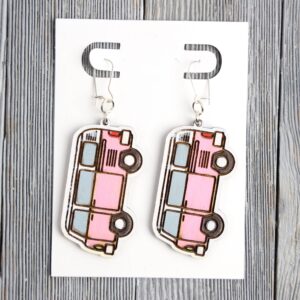 VW Bus Pink Wood Earrings. These earrings are made with 1/8″ thickness basswood. These earrings are lightweight and hand painted.