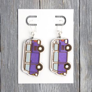 VW Bus Purple Wood Earrings. These earrings are made with 1/8″ thickness basswood. These earrings are lightweight and hand painted.