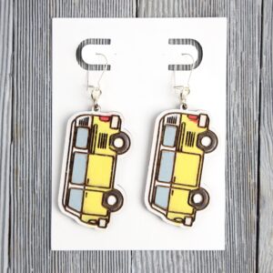 VW Bus Yellow Wood Earrings. These earrings are made with 1/8″ thickness basswood. These earrings are lightweight and hand painted.