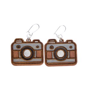 Vintage Camera Wood Earrings. These earrings are made with 1/8″ thickness basswood. These earrings are lightweight and hand painted. They are not sealed to keep a rustic look and feel.