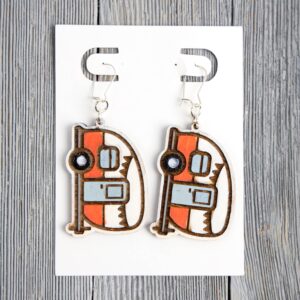 Vintage Camper Orange Wood Earrings. These earrings are made with 1/8″ thickness basswood. These earrings are lightweight and hand painted.