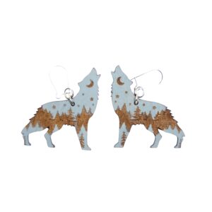 Wolf Gray Forest Wood Earrings. These earrings are made with 1/8″ thickness basswood. These earrings are lightweight and hand painted. They are not sealed to keep a rustic look and feel.