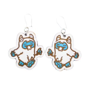 Yeti Wood Earrings. These earrings are made with 1/8″ thickness basswood. These earrings are lightweight and hand painted. They are not sealed to keep a rustic look and feel.