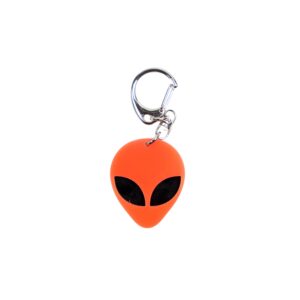 Alien head neon orange bag tag with black eyes and black backing.