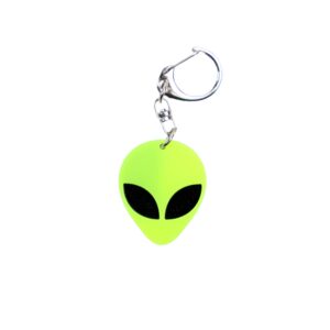 Alien head neon yellow bag tag with black eyes and black backing.