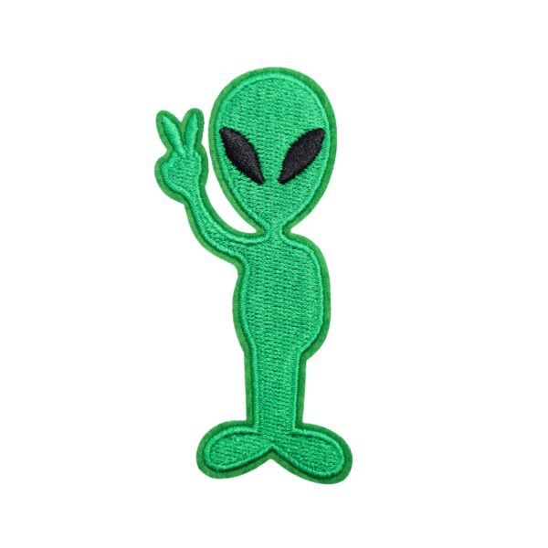 Alien peace sign patch in green holding up the peace sign.