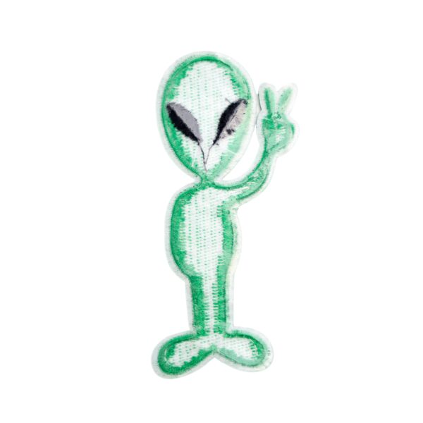 Alien peace sign patch in green holding up the peace sign.