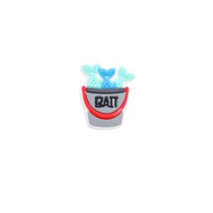 Bait bucket shoe charm with blue fish and gray bucket that says bait.