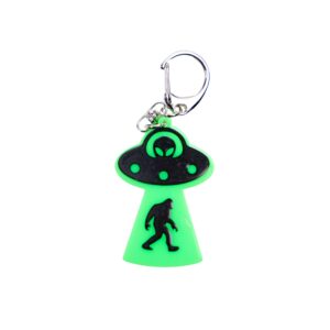 Bigfoot abduction neon green bag tag with black ship and black backing.